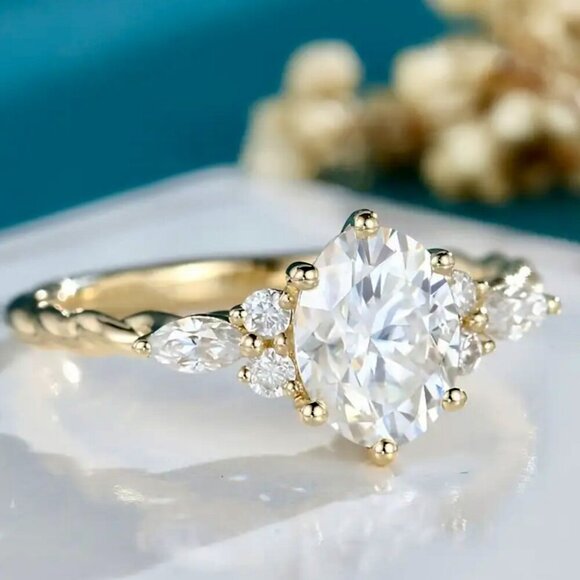 Jewelry - 14K Gold Plated Oval Ring Crystal Engagement Promise Wedding Bridal Dainty